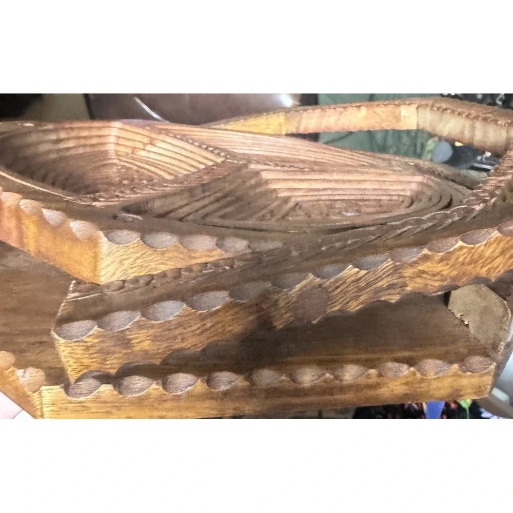 Vintage‎ 1970s Afghanistan Hand Carved Wooden Collapsible Basket
